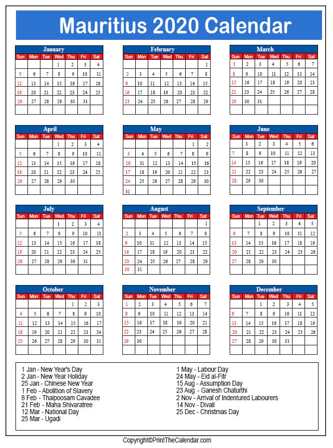 Mauritius Printable Calendar 2020